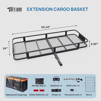 TUFFIOM 60"x24"x6" Folding Hitch Mount Cargo Carrier Basket, 500lbs Steel Car Cargo Trailer Hitch Luggage Rack, w/Hitch Lock+Password Lock+Net+Waterproof Cargo Bag+Straps+Stabilizer for SUV Truck Van - Image 6