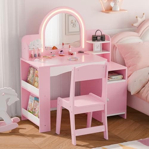 MU Kids Vanity with Lights, Princess Makeup Vanity Desk with Open Bookshelf, Storage Cabinet & Shelves, 2 in 1 Toddler Vanity Table & Chair Set with Lighted Mirror for Little Girls, Pink - Image 1