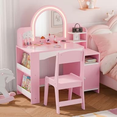 MU Kids Vanity with Lights, Princess Makeup Vanity Desk with Open Bookshelf, Storage Cabinet & Shelves, 2 in 1 Toddler Vanity Table & Chair Set with Lighted Mirror for Little Girls, Pink - Image 1