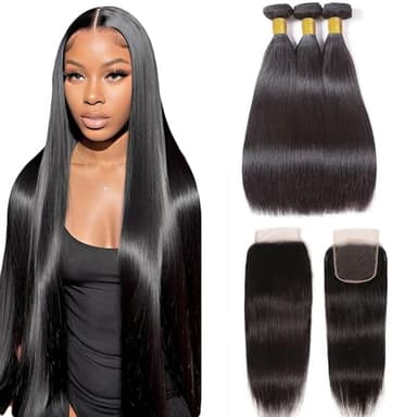10A Straight Bundles with Closure 10 12 14 with 10 Inch 100% Unprocessed Brazilian Virgin Human Hair Weave 3 Bundles with 4x4 HD Lace Closure - Image 1