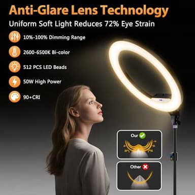 22'' Ring Light with 75'' Tripod Stand, LED Display/2 USB Ports/6500K Dimmable Ring Light for ipad Phone Holder for Tattoo Lash Live Makeup Video Recording TikTok Barber Stylist Photography - Image 7