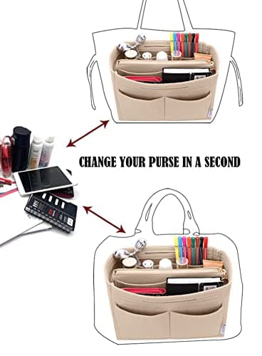 LEXSION Felt Purse Bag Organizer Insert with zipper Bag Tote Shaper Fit Speedy Neverful PM MM 8021 Beige XL - Image 5