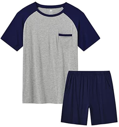 MoFiz Mens Pajama Sets Modal Comfy Sleep Shorts Lounge &Tops Tshirts PJs Sets Lightweight Thin Cool Summer Sets Size L Navy - Image 1