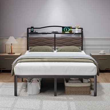 HAVONIZD Full Bed Frame - Storage Headboard with Charging Station & Galaxy Aurora Projector, 14 Inch Sturdy Metal Platform Bed Frame No Box Spring Needed, Easy Assembly, No Noise, Brown - Image 4