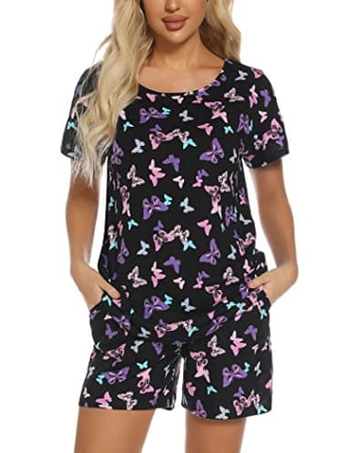 ENJOYNIGHT Womens Pajama Shorts Sets Cotton Pjs Summer Cute Sleepwear with Pockets (Large, Black Flying) - Image 2