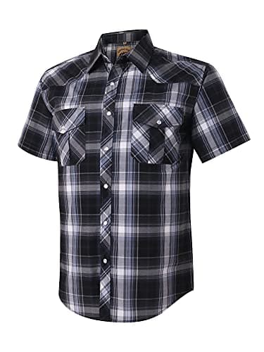 COEVALS CLUB Men's Western Plaid Pearl Snap Buttons Two Pockets Casual Short Sleeve Shirts (Gray,Black/S, 9#) - Image 1