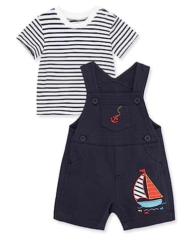 Little Me Baby Boy Shortall Set – 2-Piece, Tee Shirt and Overall Shorts, Cute and Comfy Outfits, Navy Blue Stripe, 9 Months - Image 1