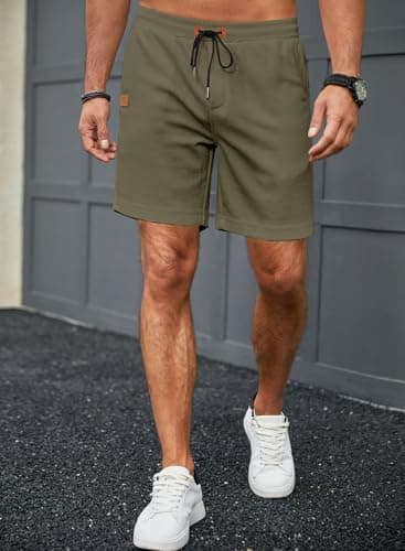 JMIERR Men's 7 Inch SweatShorts Casual Elastic Waist Waffle Jogger Workout Shorts Summer Beach Lounge Shorts with Pockets, M, Green - Image 2
