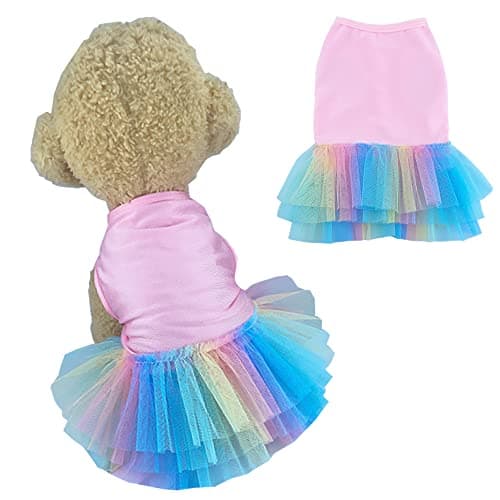 ANIAC Pink Dog Dress, Summer Clothes for Small Girl, Spring Puppy Princess Dress, Cat Outfit, Pet Clothing for Cats Kitten Chihuahua Yorkie, Rainbow (Large, Pink) - Image 1