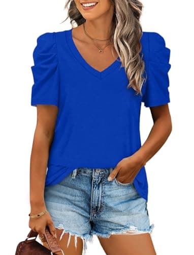 Plus Size Tops for Women Summer Blouse V Neck Short Sleeve T Shirts Puff Sleeve Royal Blue 2XL - Image 1