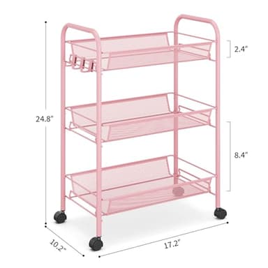 TOOLF 3 Tier Rolling Utility Cart - Durable Metal Design Pink Utility Cart, Storage Trolley on Wheels with 3 Hooks, Perfect for Kitchen, Bathroom & Laundry Room Organization - Image 9