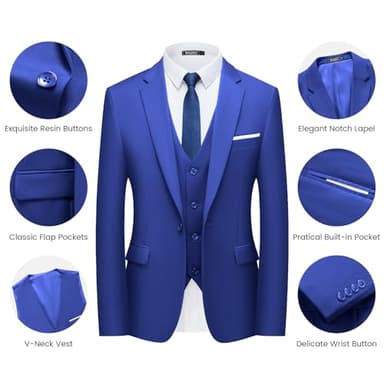 WULFUL Men’s Slim Fit Suit One Button 3-Piece Blazer Dress Business Wedding Party Jacket Vest & Pant Royal Blue - Image 5