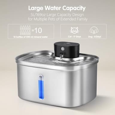 5L/169oz Automatic Stainless Steel Pet Water Fountain for Cats & Dogs, Cordless Cat Dog Drinking Fountain with 5000mAh Rechargeable Battery, Ultra-Quiet Pump & 3 Smart Modes - Image 3