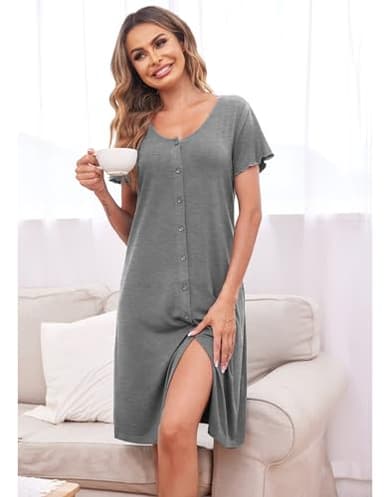 Ekouaer Women's Nightshirt Short Sleeve Button Down Nightgown V-Neck Sleepwear Pajama Dress Grey - Image 4