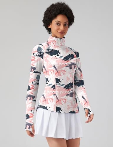 LOMON Women Long Sleeve Shirts Sun Protection 1/4 Zip Summer Quick Dry Hiking Shirts Quarter Zip Pullover Pink Leaves L - Image 2