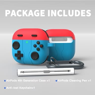 DamonLight Game Case for AirPods 4 Cover Shock-Proof Protective Silicone Case with Cleaning Pen and Keychain Accessories for Apple Airpods 4th Generation (Blue & Red) - Image 4