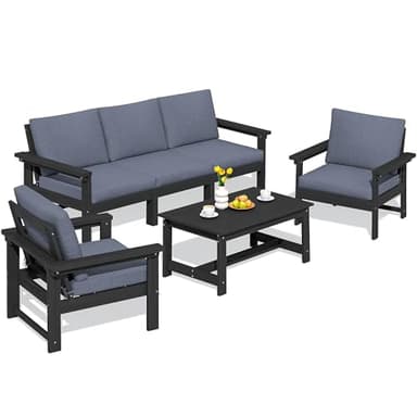 SERWALL HDPE Patio Conversation Set, 6-Piece Sectional Outdoor Furniture Set, All Weather Outdoor Couch Set Patio Furniture Set for Deck, Lawn, Black Frame with Grey Cushion - Image 1