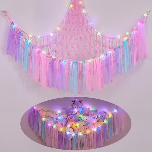 FIOBEE Stuffed Animals Net or Hammock with LED Light, Toy Hammock Hanging Stuffed Animals Storage Organizer Holder Room Décor for Nursery Kids Bedroom - Image 1
