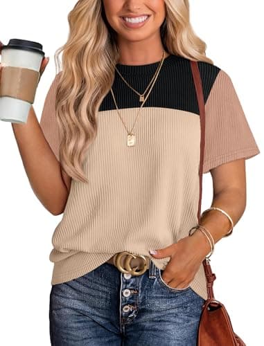 WIHOLL Womens Tops Trendy Casual Womens Fall Fashion 2025 Waffle Knit Short Sleeve Shirts for Women Old Money Clothes Teacher Outfits Color Block Patchwork Tunic Pullover Soft Striped Black L - Image 1
