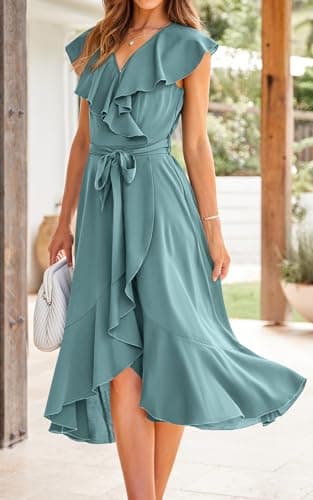 PRETTYGARDEN Women's Summer Cross Maxi Dress Casual Boho Deep V Neck Short Sleeve Ruffle Hem Split Beach Long Dresses (Light Lake Blue,Medium) - Image 4