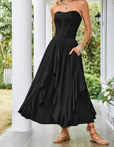 Women Summer Casual Long Skirt A Line Swing Ruffled Skirt with Pockets Black XL - Image 2
