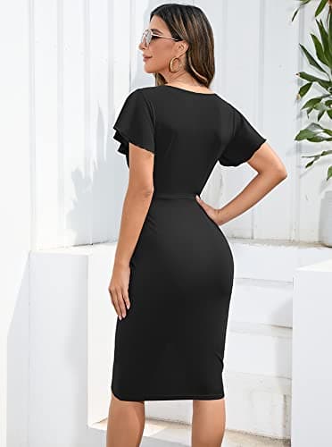 Machico 2024 Black Party Dresses for Women Elegant Classy Ruffle Sleeve V Neck Wrap Bodycon Short Work Dresses - Image 3