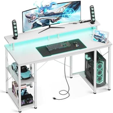 ODK 48 inch Gaming Desk with LED Lights & Power Outlets, Computer Desk with Monitor Stand & Storage Sheves, CPU Stand, Home Office Desk, White - Image 3