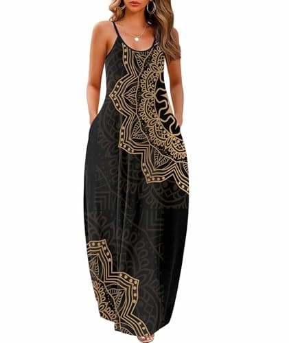 Wolddress Womens 2025 Casual Sleeveless Sundress Plus Size Loose Plain Long Summer Beach Maxi Dress with Pockets Mandala Black M - Image 1