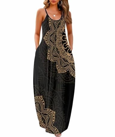 Wolddress Womens 2025 Casual Sleeveless Sundress Plus Size Loose Plain Long Summer Beach Maxi Dress with Pockets Mandala Black M - Image 1
