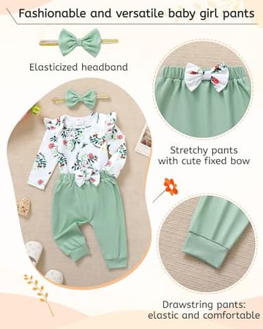 YALLET Baby Girl Clothes Newborn Infant Girl Outfits Floral Romper+Pants+Headband Fall Baby Layettes for Clothing 0-18 Months(Green, 3-6 Months) - Image 4