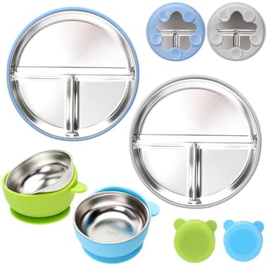 MISSLILI Stainless Steel Baby Plate and Bowls with Suction, Divided Kids Baby Plate and Toddler Bowl with Removable Silicone Suction, Non-Slip Baby Feeding Set Dishwasher Safe，4 Packs - Image 1