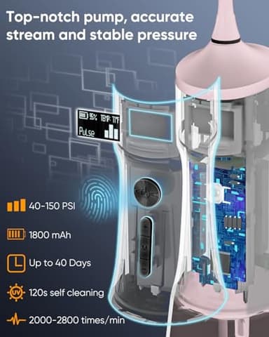 MySmile LP221 UVC Sterilizable Cordless Water Flossers for Teeth 335ML Portable OLED Display Dental Flosser with 4 Modes 8 Jet Tips and a Storage Pouch for Home and Travel (Juicy Pink) - Image 3