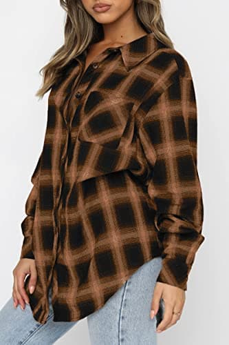 CHYRII Womens Button Down Flannel Shirts Long Sleeve Plaid Shacket Business Casual Tops Brown XXL - Image 5