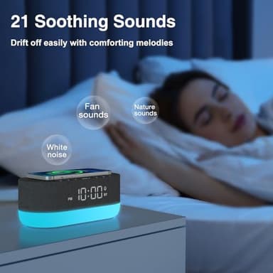 HOUSBAY Sound Machine with Alarm Clock for Bedrooms, Dual Speakers, 21 HiFi Sounds, 10W Wireless Charger, Unlimited Sound, Bluetooth, 10 Night Light, White Noise Machine for Sleeping, Black - Image 3