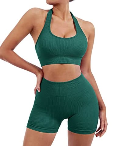 SUUKSESS Women Two Piece Seamless Ribbed Workout Sets Outfits Backless Halter Sports Bra Booty Biker Shorts (Dark Green, S) - Image 2