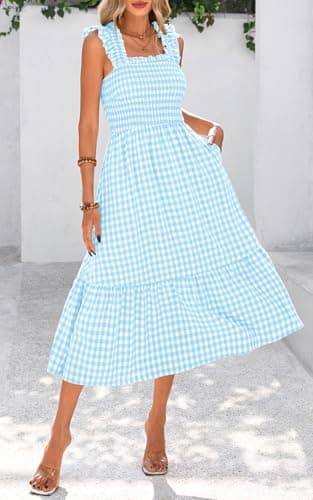PRETTYGARDEN Women's Summer Dress Casual Square Neck Ruffle Strap Gingham Smocked Midi Flowy A Line Beach Vacation Sun Dresses 2025 (Light Blue, S) - Image 6