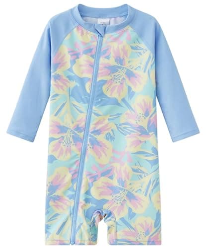 UMELOK Baby Girls' One Piece Swimsuit Infant Swimwear Rash Guard Swim Suit Full Zip with Long Sleeve UPF 50+ Sun Protection Swimsuit Purple Begonia Flower,18M - Image 1