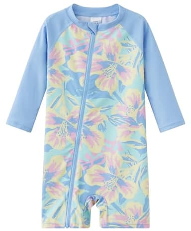 UMELOK Baby Girls' One Piece Swimsuit Infant Swimwear Rash Guard Swim Suit Full Zip with Long Sleeve UPF 50+ Sun Protection Swimsuit Purple Begonia Flower,18M - Image 1