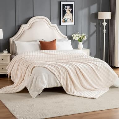 Faux Fur Bed Blankets King Size Off White, Soft Fluffy Bubble Blanket for Couch Sofa, Thick Warm Plush Fuzzy Rabbit Fur Large Blanket for All Season Use, 90"X 90" - Image 1