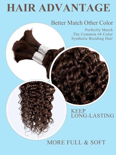 Chocolate Brown Braiding Hair 100g 18 Inch Deep Water Wave Bulk Human Hair for Braiding 2 Bundle 12A Brazilian Virgin Curly Hair Extensions for Boho Braids Wet and Wavy Color 4 Human Braiding Hair - Image 2