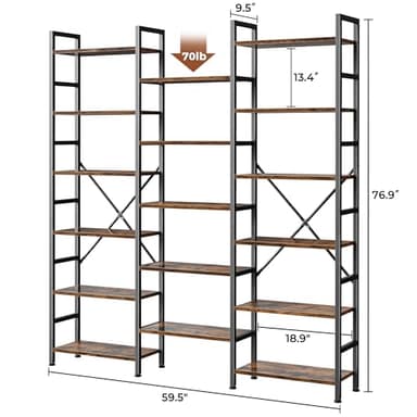 SUPERJARE Triple 6 Tier Bookshelf, Bookcase with 17 Open Display Shelves, Wide Book Shelf Book Case for Home & Office, Rustic Brown - Image 3