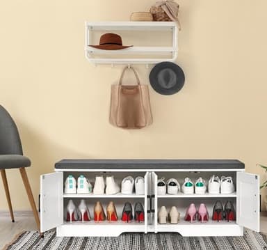 HOMSHO 2-Tier Storage Bench, 47.2" Wide Shoe Bench with Padded Seat Cushion, Entryway Bench with 4 Barn Doors and Adjustable Shelf, White - Image 6