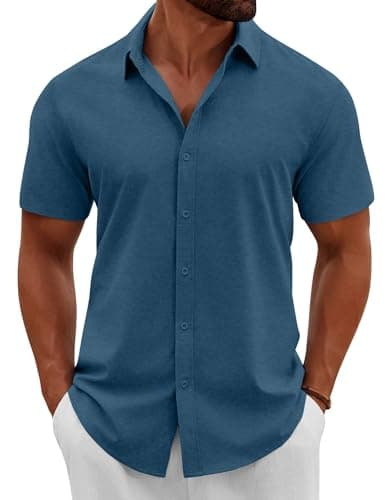 COOFANDY Mens Short Sleeve Button Down Shirts Linen Shirt Summer Beach Top Deep Blue - Image 1