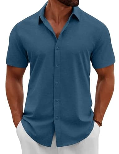 COOFANDY Mens Short Sleeve Button Down Shirts Linen Shirt Summer Beach Top Deep Blue - Image 1