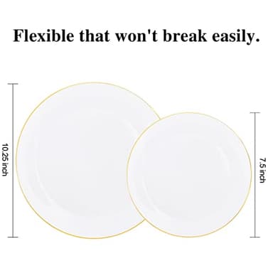 KIRE 100PCS Disposable Plates - White with Gold Rim for Thanksgiving Party/Wedding - Includes 50Pieces 10.25inch Dinner and 50Pieces 7.5inch Dessert/Salad Plates - Image 2