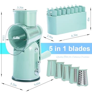 ENERGEVITY Manual Rotary Cheese Grater with Handle, 5 in 1 Replaceable Stainless Blades Cheese Shredder,Strong Suction Base Vegetable Slicer with Cleaning Brush & Bonus Storage Box for Blades (green) - Image 2
