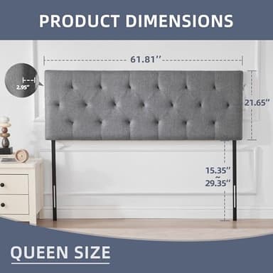 Howjoe Linen Upholstered Headboard Queen Size, Modern Diamond Tufting Solid Wood Queen Headboard Only, Adjustable Height from 37” to 51” Head Board, Bed Frame or Wall Mount Headboards, Light Grey - Image 2