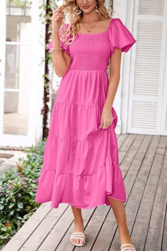 PRETTYGARDEN Women's Casual Summer Midi Dress Puffy Short Sleeve Square Neck Smocked Tiered Ruffle Dresses (Rose Pink,Medium) - Image 2