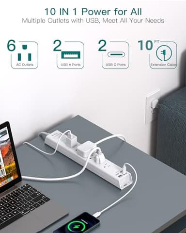 Extension Cord 10 ft - Long Power Strip Surge Protector, 6 AC Outlet 4 USB (2 USB C), Flat Plug, Wall Mount, Multi Plug Outlet Extender Desk Charging Station for Home Office Dorm Room Essentials - Image 3