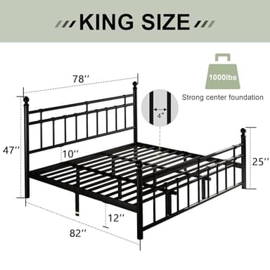 Feonase King Size Metal Platform Bed Frame with Victorian Classic Iron-Art Headboard & Footboard, Steel Slats Support, 12" Under Bed Storage, No Box Spring Needed, Easy Assembly, Noise-Free, Black - Image 2